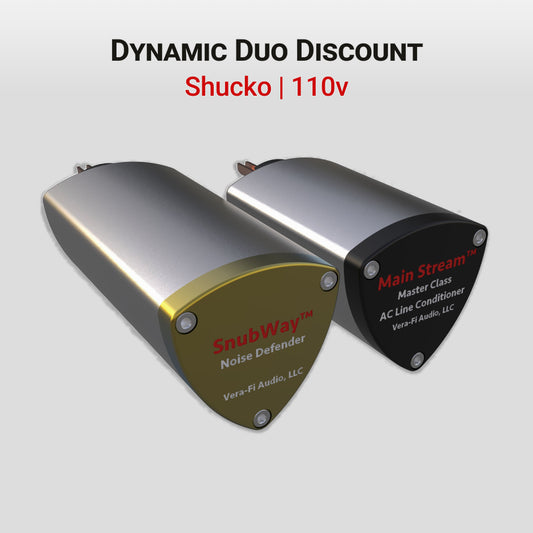 A product bundle for Dynamic Duo Discount, which contains one SnubWay Noise Defender and one Main Stream Master Class AC Line Conditioner with Schuko/Type-F plug type and 110v rating at a 10% discount.