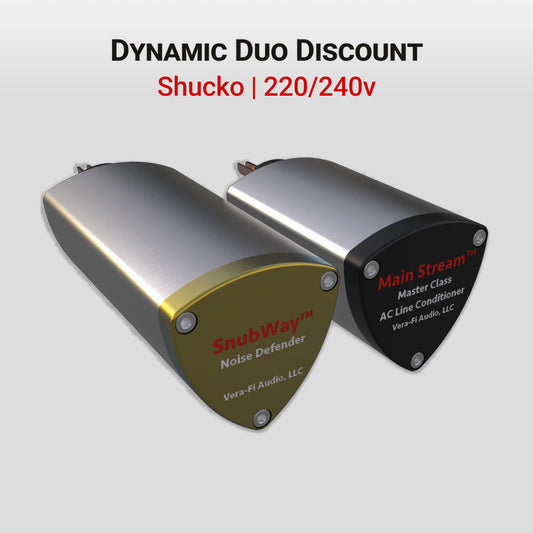 A product bundle for Dynamic Duo Discount, which contains one SnubWay Noise Defender and one Main Stream Master Class AC Line Conditioner with Schuko/Type-F plug type and 220/240v rating at a 10% discount.