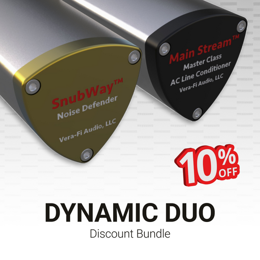 A product bundle for Dynamic Duo Discount, which contains one SnubWay Noise Defender and one Main Stream Master Class AC Line Conditioner at a 10% discount.