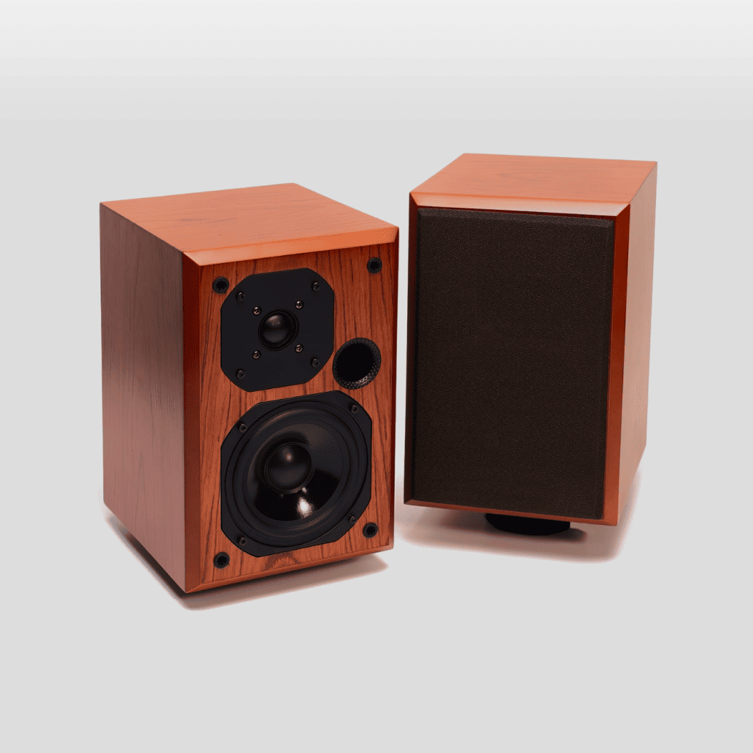 Pair of wooden speakers on a light gray background