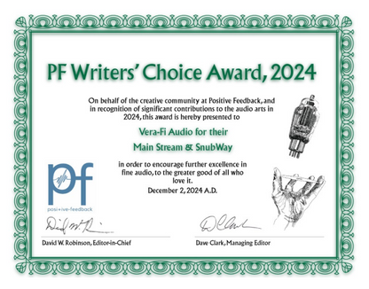 Certificate for Writers’ Choice Award 2024 presented by Positive Feedback to Vera-Fi Audio for their Main Stream - Master Class Dynamic Parallel AC Line Conditioner and SnubWay Noise Defender, recognizing significant contributions to hifi audio equipment innovation.
